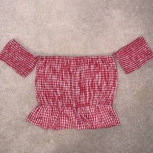 Forever 21 ruched gingham off the shoulder peplum top